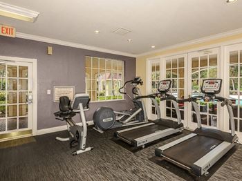 an indoor gym with treadmills and exercise bikes